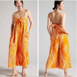 Sale! Anthropologie Wide Leg Orange Print Jumpsuit with Tie-Back